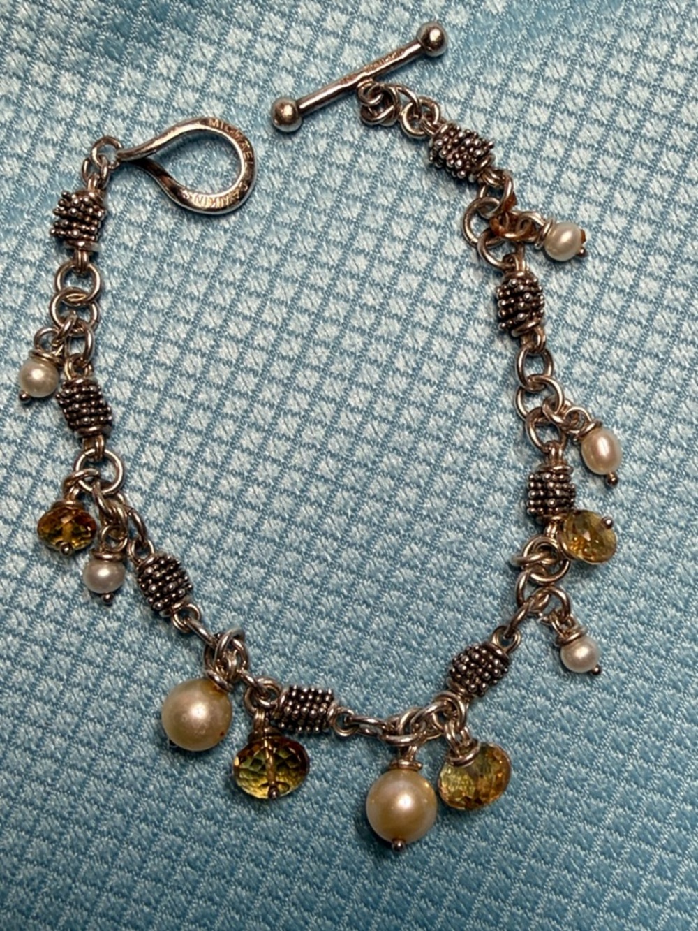 Michael Dawkins Silver Pearl and Yellow Crystal Charm Bracelet - 7.5 inch